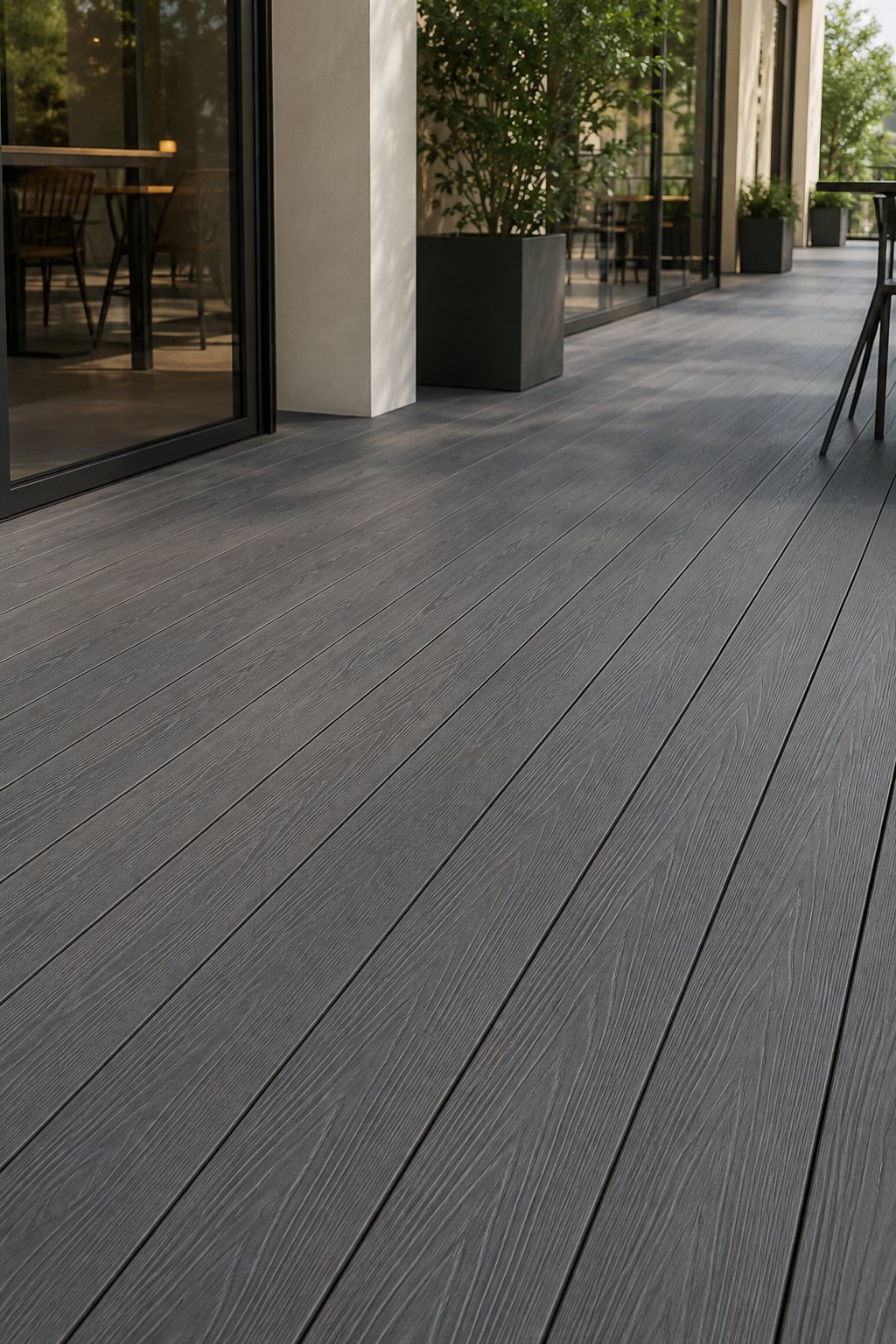 Glass-fronted terrace walkway finished with 3D Emboss composite decking
