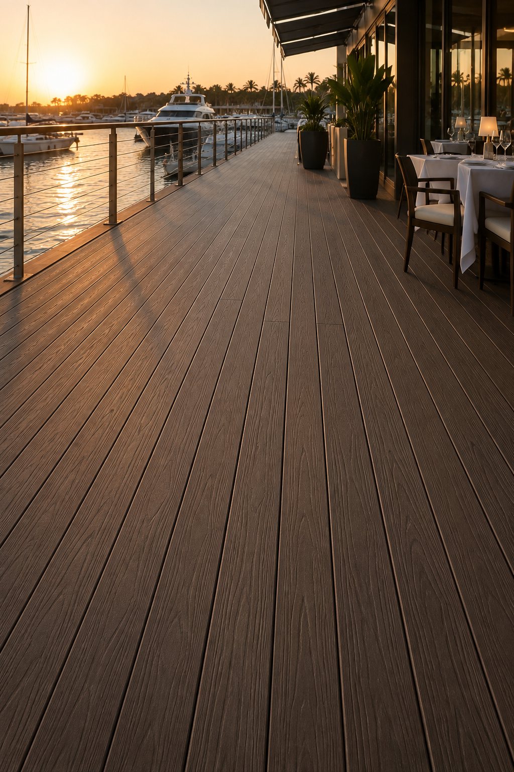 Marina-side sunset dining terrace finished with 3D Emboss composite decking