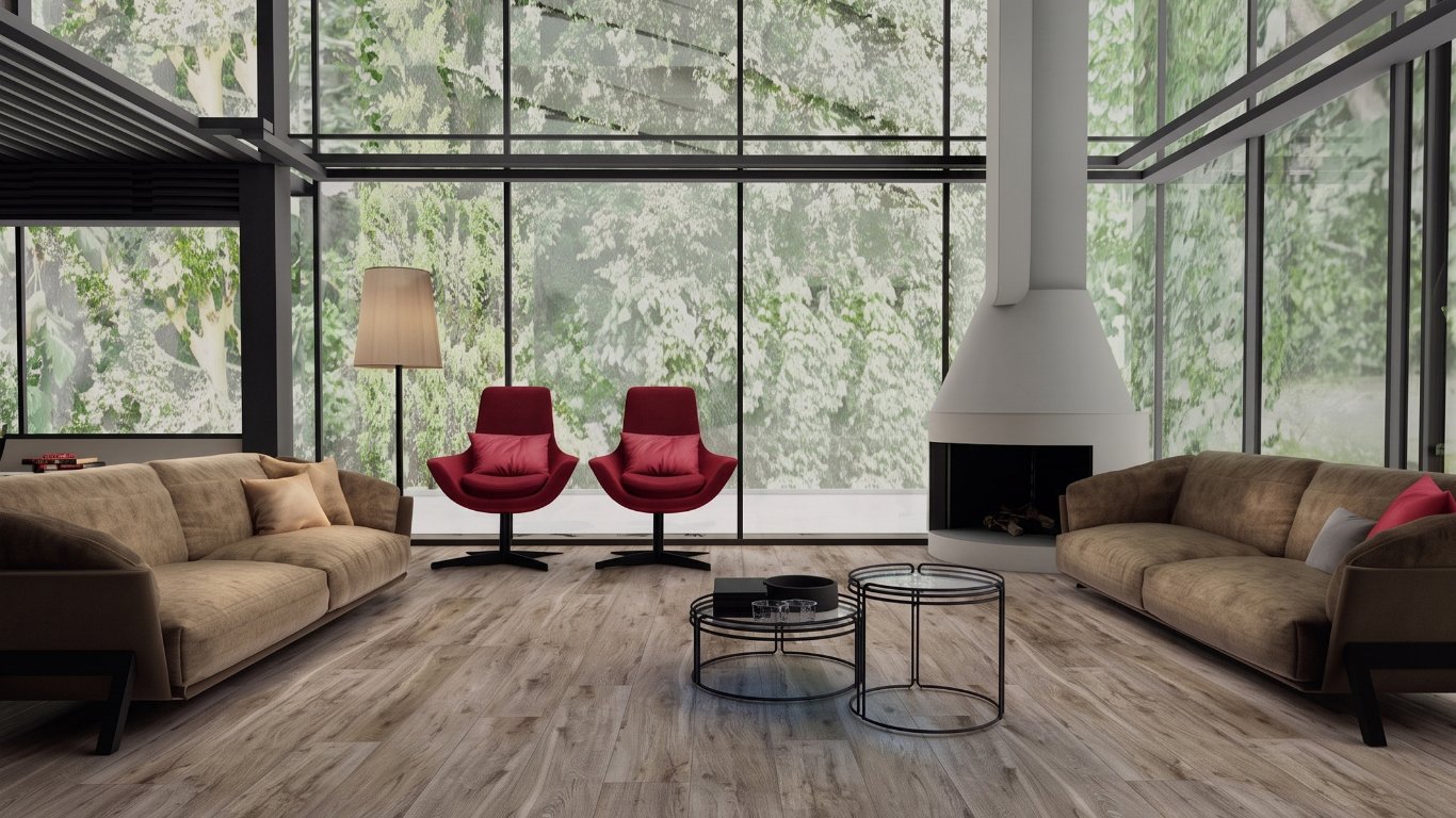 Living room with expansive glass walls, floored in wood-look SPC flooring