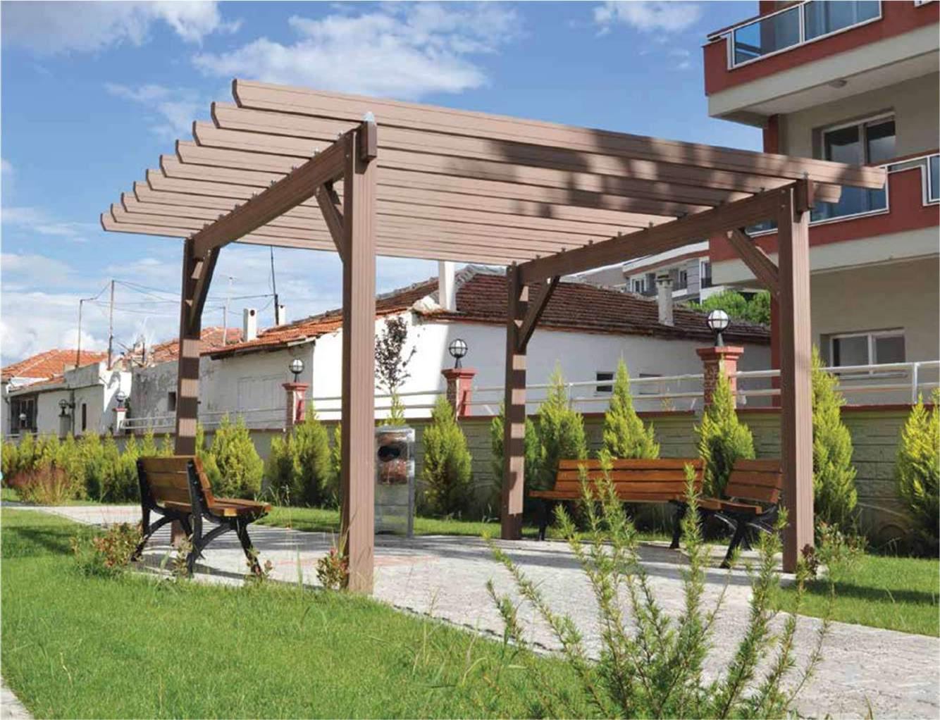 Park application with benches under a composite pergola