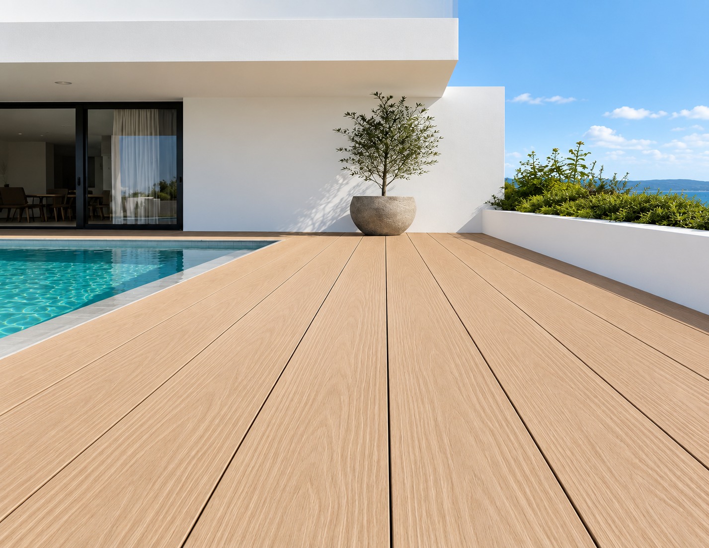 Poolside modern villa terrace finished with 3D Emboss composite decking