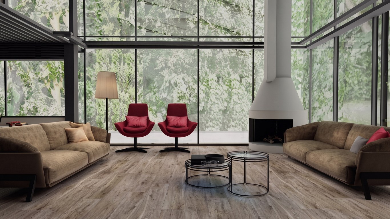 Living room with expansive glass walls, floored in Wood Inspired wood-look SPC flooring